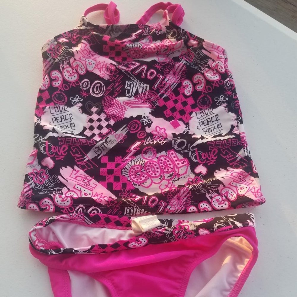 Girls OP Tankini Swim Set Pink Black White Size 7-8